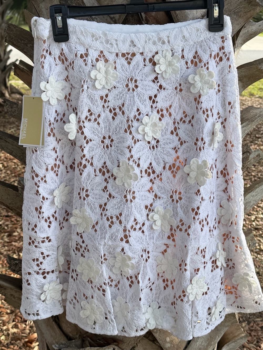 Michael Kors White Floral Lace A-Line Midi Skirt with 3D Appliqués